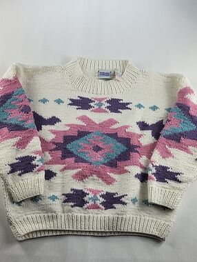 Vtg Karuba Chunky Knit Southwestern Aztec Pattern Sweater Cream Pink Teal